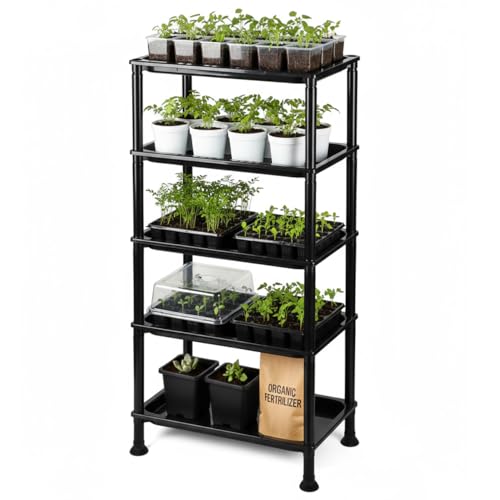 RooTrimmer 5-Tier Seed Starter Trays, Plant Stand, with Bottom-Watering Design– Reinforced Thickened Shelf for Small Pots, Balcony/Indoor Seed Starting & Greenhouse, Black - color: Dark, size: 10"*15"*37"