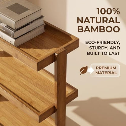4-Tier Narrow Side Table with Wheels, Solid Wood Slim Rolling Storage Cart, Skinny End Table for Small Spaces, Moving Utility Shelf Organizer for Living Room, Bedroom, Kitchen, Bathroom
