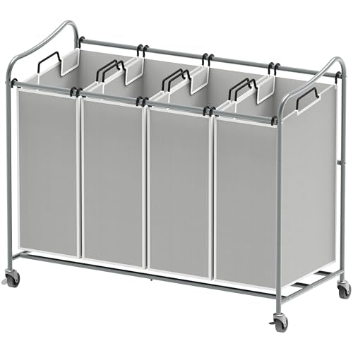 Simple Houseware 4-Bag Heavy Duty Laundry Sorter Rolling Cart, Silver | Removable Bags and Lockable Wheels for Laundry Room Organization - color: Silver