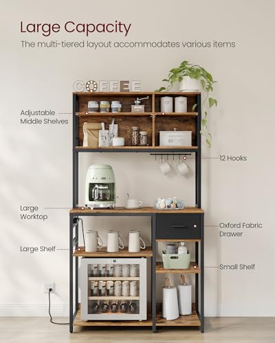 VASAGLE Bakers Rack with Charging Station, Coffee Bar, 15.7 x 39.4 x 71 Inches, Kitchen Microwave Stand, Adjustable Storage Shelves, Fabric Drawer, 12 Hooks, Rustic Brown and Ink Black UKKS027K01 - color: Rustic Brown + Ink Black, size: 15.7"D x 39.4"W