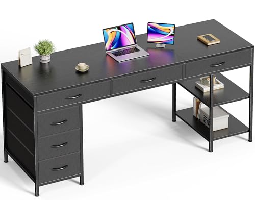 Huuger Computer Desk with 6 Drawers, Office Desk with Shelves, Reversible Gaming Desk, Corner Desk with Storage, Work for Home Office, Study, Living Room, 63inch, Black - color: Black, size: 63 inch