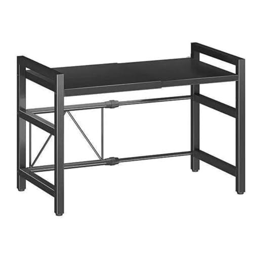 Extendable Microwave Oven Rack, 15.7~24.8" L Expandable Microwave Stand with Storage Shelf Heavy Duty with 6 Hooks and Chopsticks Cutting Board Holder for Kitchen Countertop - color: Black