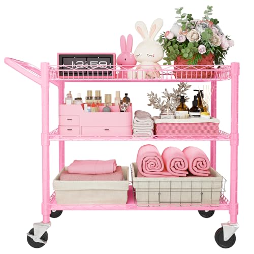YNN Pink Rolling Cart, 990Lbs 3 Tier Heavy Duty Metal Cart with Wheels & Handle NSF Wheeled Cart 31" D x 18" W x 33" H for Bedroom, Bathroom, Kitchen,Garden,Decor,Serving - color: Pink