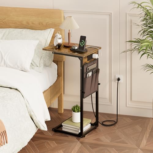 C Shaped End Table with Charging Station, Adjustable Height Side Table for Couch, Small Sofa Table with Storage Bag, Slide Under Sofa TV Tray Snack Arm Tables for Living Room, Bedroom, Brown - color: Rustic Brown, style: With Plug