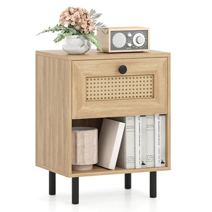 Giantex Rattan Nightstand with Drawer, Mid Century Modern Bed Side Table w/ 4 Metal Legs and Open Storage Shelf, Wood Boho End Table for Small Spaces, Night Stand for Bedroom Office, Natural - color: Natural