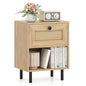 Giantex Rattan Nightstand with Drawer, Mid Century Modern Bed Side Table w/ 4 Metal Legs and Open Storage Shelf, Wood Boho End Table for Small Spaces, Night Stand for Bedroom Office, Natural - color: Natural