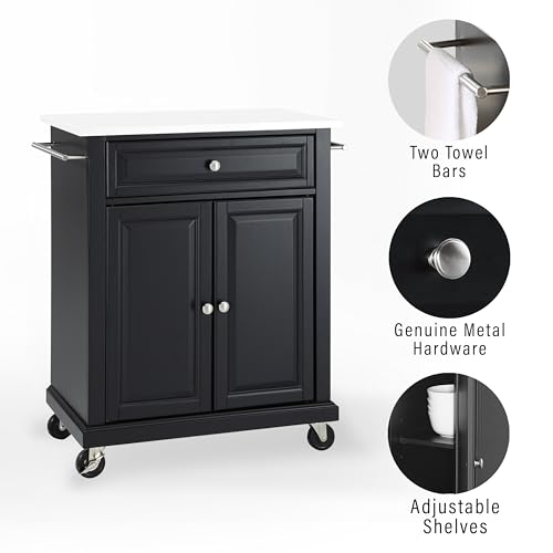 Crosley Furniture Compact Stone Top Small Rolling Cart with Shelves, Microwave Stand with Towel Rack, Black - color: Black, style: White Granite Top