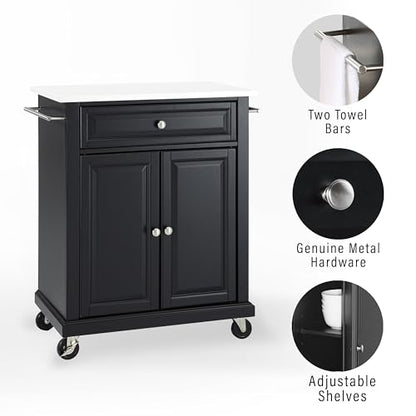 Crosley Furniture Compact Stone Top Small Rolling Cart with Shelves, Microwave Stand with Towel Rack, Black - color: Black, style: White Granite Top
