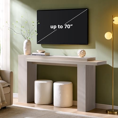 OKD 63" Modern Geometric Console Table with Layered Top, White Alder | Extended Layered Top, Sturdy Support Legs, Entryway, Hallway, Foyer, Living room, Behind Sofa - color: White Alder