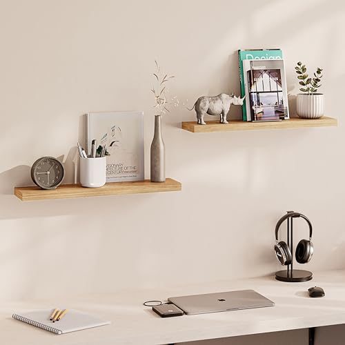 Ballucci Floating Shelves, 24" Wood Wall Shelf Set of 2, with Invisible Brackets for Bathroom, Living Room, Bedroom, Kitchen, Nursery, 6" Deep, Natural Oak - color: Natural Oak, size: 23.6 inches
