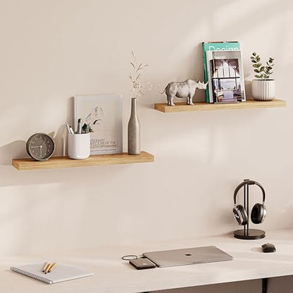 Ballucci Floating Shelves, 24" Wood Wall Shelf Set of 2, with Invisible Brackets for Bathroom, Living Room, Bedroom, Kitchen, Nursery, 6" Deep, Natural Oak - color: Natural Oak, size: 23.6 inches