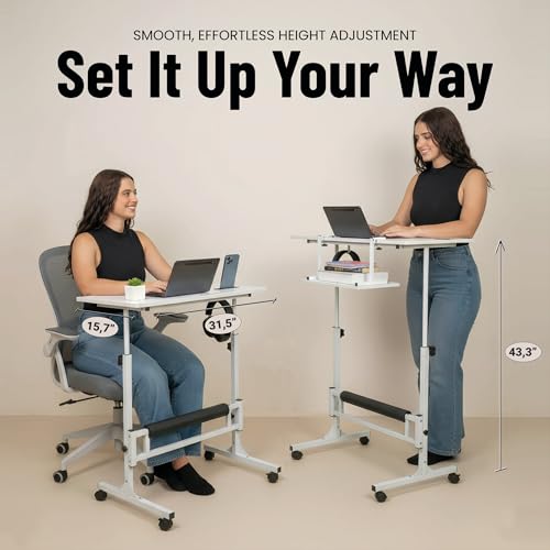 Small Rolling Desk with Wheels, Adjustable Height 27"-43.3" Portable Standing Desk, 31.5"x15.7" Tabletop, Mobile Laptop Computer Table for Home Office Workstation, White - color: White