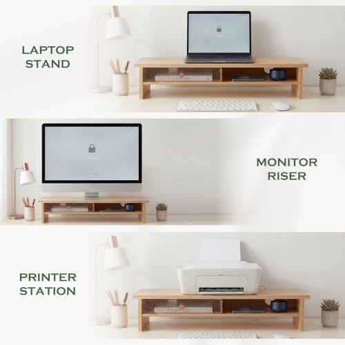 Bamboo Monitor Stand with Acrylic Sliding Door, Monitor Riser with Storage and Cable Management, Wood Desk Shelf for Home Office, Laptop and Printer