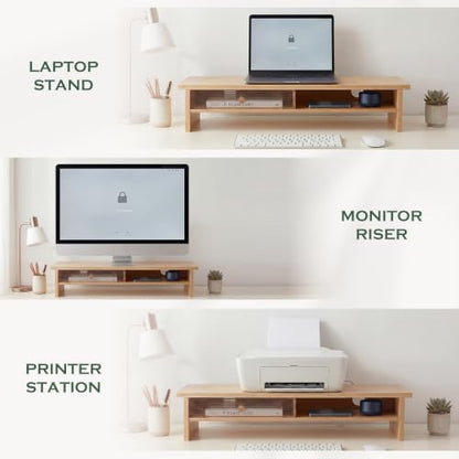 Bamboo Monitor Stand with Acrylic Sliding Door, Monitor Riser with Storage and Cable Management, Wood Desk Shelf for Home Office, Laptop and Printer