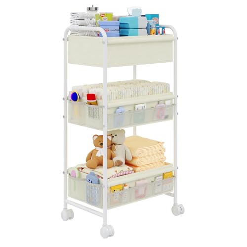 3-Tier Baby Diaper Caddy Cart Organizer,Mobile Nursery Storage Carts with Wheels,With 2 Dividers&14 Mesh Pockets Durable Metal Utility Cart for Nursery, Bedroom, Bathroom, Baby Essentials Organization - color: Beige Yellow, size: 17"L*11"W*32.47"H