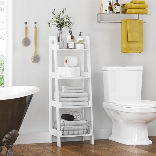 UTEX 4-Tier Ladder Shelf, Freestanding Bathroom Shelf, Open Wood Shelving Unit, Bathroom Floor Ladder Shelf (White) - size: 4-Tier