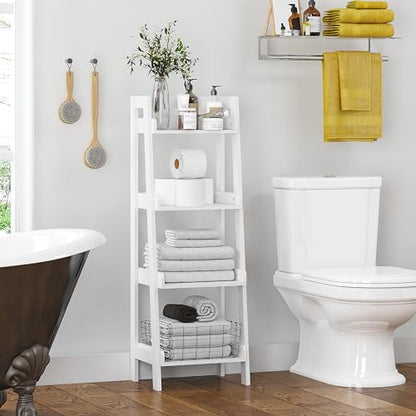 UTEX 4-Tier Ladder Shelf, Freestanding Bathroom Shelf, Open Wood Shelving Unit, Bathroom Floor Ladder Shelf (White) - size: 4-Tier