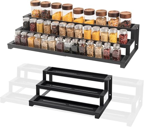 GOENDR Expandable Spice Rack Organizer for Cabinet, 3 Tier Metal Spice Organization,16"-29.5" Wide Adjustable Seasoning Organizer, Display Shelf, Canned Goods Organizer for Pantry Kitchen Countertop - size: Large-Black - Fits 10.9" Deep Cabinet