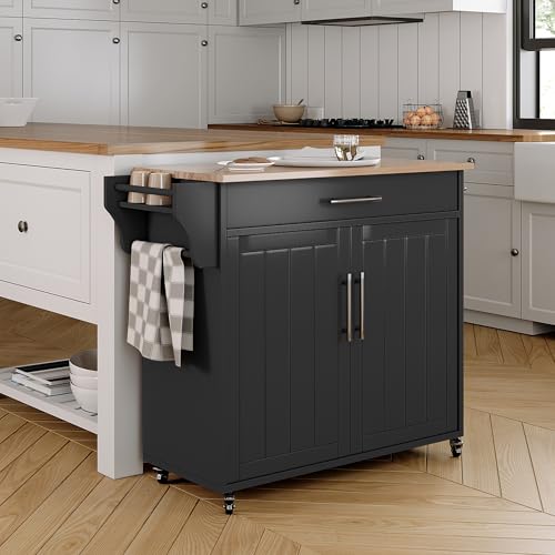 Kitchen Island with Storage, Wooden Countertop Rolling Kitchen Island On Wheels Storage Cabinet, Mobile Kitchen Island Cart with Towel Rack, Spice Rack and Drawers,Black - color: Black
