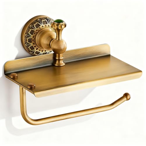 Toilet Paper Holder, NEWRAIN Vintage Bathroom Toilet Paper Roll Holder with Shelf, Solid Brass RV Tissue Roll Holder Wall Mounted, Antique Commercial Farmhouse Toilet Paper Dispenser - color: Antique Brass