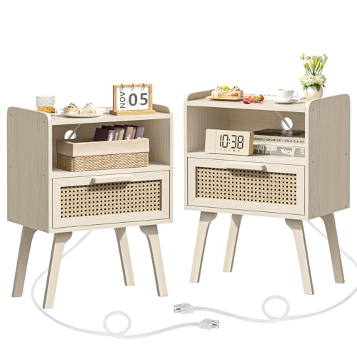 Lerliuo Rattan Nightstands Set of 2 with Charging Station, Side Table with Drawer Open Shelf, Cane Accent Bedside End Table, Night Stand for Bedroom, Dorm and Small Spaces (Grey White) - color: White Oak, size: 2 pack