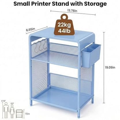 ECOLOVI 3 Tier Printer Stand for Under Desk, Height Adjustable Shelf Small Printer Table with 3 S-Hooks & Basket, Heavy Duty Industrial Storage Shelf for Home Office (Blue Metal) - color: Blue