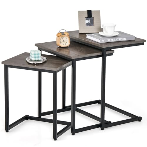 Tangkula Nesting Table Set of 3, Rectangle Stacking Side End Table w/Wood Top & Metal Legs, Adjustable Foot Pads, C-Shaped Accent Coffee Tables for Small Spaces, Living Room (C-Shaped, Gray, 3-pc) - color: Grey