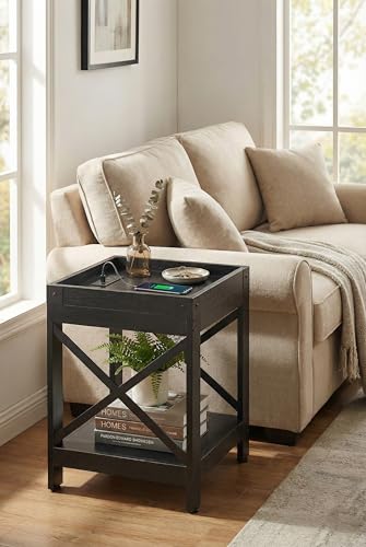 Farmhouse Side Table with Charging Station,2-Tier Square End Table | 2-Tier Shelf Modern Sofa Couch Table Bedside Nightstand With X-Frame for Living Room Bedroom Office Small spaces,Black - color: Black, style: With Outlets