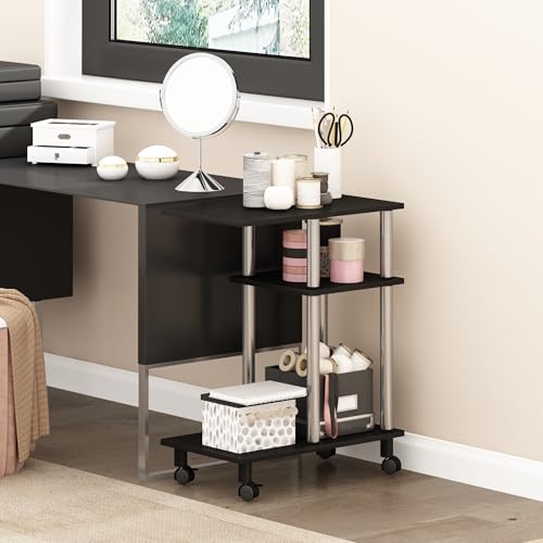 Furinno Turn-N-Tube Side Table, 3-Tier C-Shape End Table with Wheels, Toolless Assembly Night Stand, Bedside Table with Open Shelf, for Living Room, Bedroom, Dark Americano/Stainless Steel - color: Dark Americano/Stainless Steel