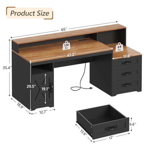 65" Farmhouse Computer Desk with Drawers and Printer Stand for Home Office | Office Desk with Power Outlets and Storage Cabinet, Study Writing Desks with Long Monitor Stand, Brown and Black - color: Brown and Black