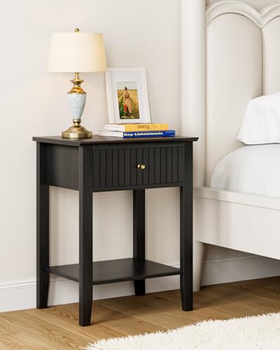 Fluted Nightstand, Farmhouse Night Stand with 1 Drawers, Mid Century Modern Side Accent Table,Bedside End Table for Bedroom, Living Room, Black - color: Black, size: 1 Drawer