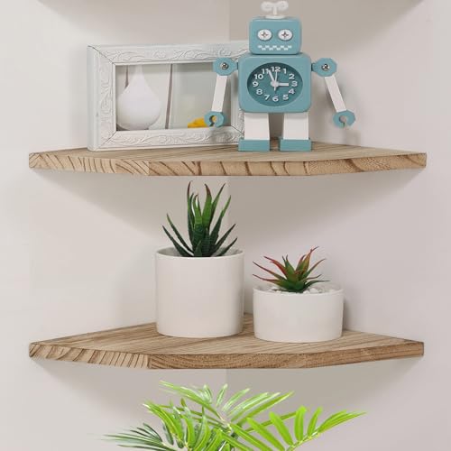 Joiishom Wood Corner Wall Shelves Set of 2, Solid Wood Corner Floating Shelves, Round End Wall Mounted Floating Corner Shelf for Bedroom, Living Room and Kitchen. (Carbonized-12 inch) - size: Carbonized-12 inch