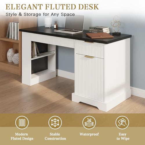 55" Modern Fluted Office Desk with Storage Cabinet & Drawers, Computer Writing Desk with Power Outlet, Pegboard, Built-in Shelves & Keyboard Tray for Study, Home Office, White - color: White