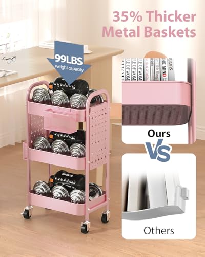 ALVOROG 3 Tier Rolling Cart with DIY Pegboards Metal Utility Cart with Wheels Handles Baskets Hooks, Craft Cart for Office Kitchen Bathroom(Cherry Blossom Pink) - color: Cherry Blossom Pink