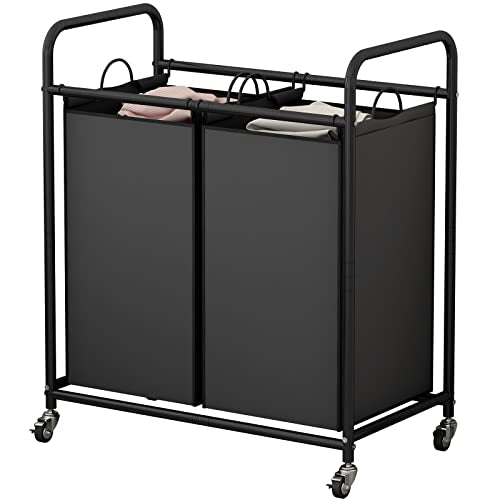 SUOERNUO Laundry Hamper Basket 2 Bag Laundry Sorter Cart with Rolling Lockable Wheels and Removable Bags Laundry Organizer Cart for Clothes Storage, Black - color: Black