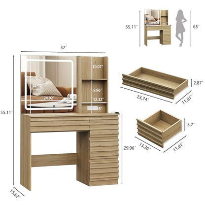 Vanity Desk with Lights, Fluted Vanity with 4 Drawers, Open Shelves, Power Outlet, LED Lighted Mirror, 3 Lighting Modes & Brightness Adjustable, Wood Dressing Table for Bedroom,Natural Oak - color: Natural Oak