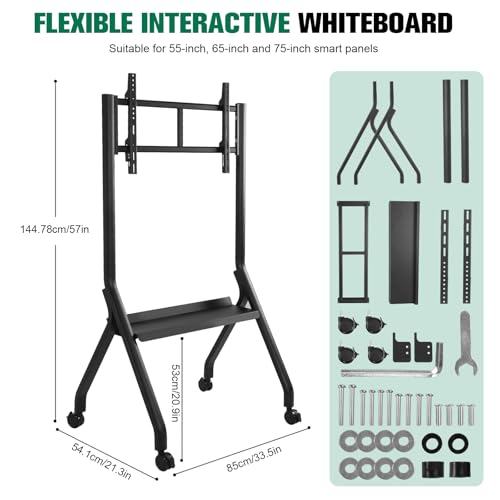 Smart Board Stand with 4 Lockable Wheels, 42-75" Height Adjustable Mobile Stand, Floor Wheeled TV Cart Rack Supports Up to 210lbs Rolling TVs Bracket with Laptop Shelf for Office/Classroom/HOM