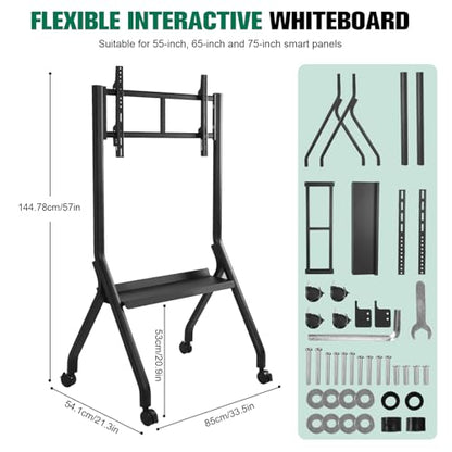 Smart Board Stand with 4 Lockable Wheels, 42-75" Height Adjustable Mobile Stand, Floor Wheeled TV Cart Rack Supports Up to 210lbs Rolling TVs Bracket with Laptop Shelf for Office/Classroom/HOM