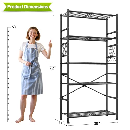 DurayLoly 5-Tier Storage Shelves with Hooks, Metal Shelving Units Shelf Organizer, Wobble-Free Wire Shelving with Adjustable Leveling Feet for Kitchen Pantry Laundry Bathroom Dorm,12"D x 30"W x 72"H - size: 30" W x 12" D x 72" H (5T)
