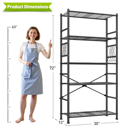 DurayLoly 5-Tier Storage Shelves with Hooks, Metal Shelving Units Shelf Organizer, Wobble-Free Wire Shelving with Adjustable Leveling Feet for Kitchen Pantry Laundry Bathroom Dorm,12"D x 30"W x 72"H - size: 30" W x 12" D x 72" H (5T)