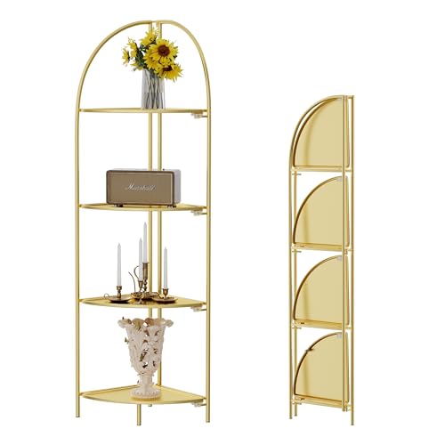 Crofy 4-Tier Foldable Corner Shelf, Metal Gold Frame & Shelves | Corner Plant Stand, Corner Display Rack, Multipurpose Shelving Unit for Living Room, Bedroom and Bathroom - color: Gold Frame & Gold Shelf, size: 4 Tier