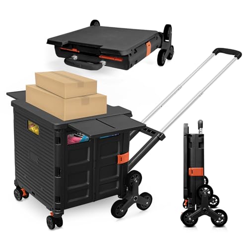 Foldable Utility Cart with Stair Climbing Wheels,Collapsible Rolling Crate with Magnetic Lid Telescopic Cover,Adjustable Telescoping Handle,360° Rotate Wheel Hand Cart for Teacher Shopping Moving - color: Black, size: Stair Climber Adjustable Handle