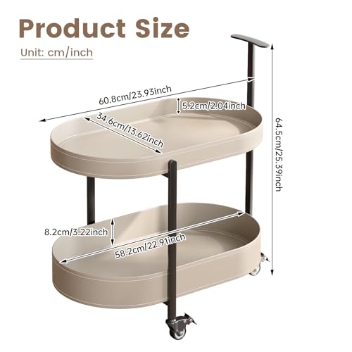 Oval End Table with Storage Shelves, 2-Tier PU Leather Tray Side Table with Wheels, Modern Sofa Table & Nightstand for Bedroom, Living Room, Compact Rolling Tray Table with Lockable Casters