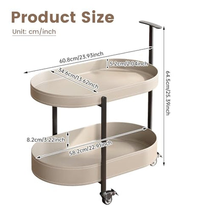 Oval End Table with Storage Shelves, 2-Tier PU Leather Tray Side Table with Wheels, Modern Sofa Table & Nightstand for Bedroom, Living Room, Compact Rolling Tray Table with Lockable Casters