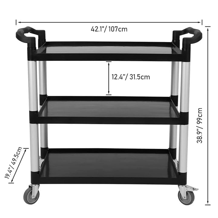 Utility Service Cart 3 Shelf with Wheel, Plastic Heavy Duty 3-Tier Rolling Utility/Push Food Service Cart for Office, Warehouse, Garage, Restaurant, Cleaning, 360lbs Capacity, Black