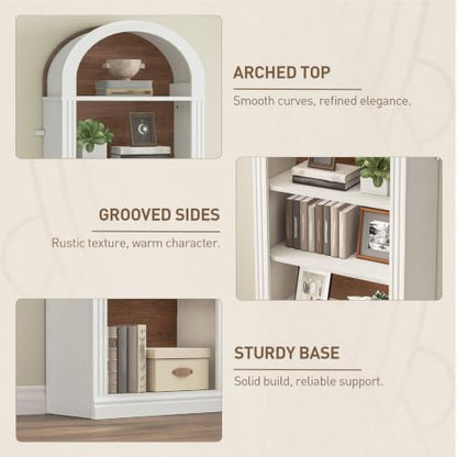 RALGEND Arched Bookshelf, 75.8" Tall Narrow Bookshelf, Arch Bookcase with Storage, 6-Tier Farmhouse Book Shelf, Wooden Arched Cabinet with Open Display Shelves, Adjustable Shelf, Walnut and White - color: White + Walnut, size: 18.9"L x 11.8"W x 75.8"H