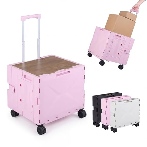 Goplus Foldable Utility Cart, Portable Rolling Crate Handcart with 4 Rotate Wheels, Telescoping Handle, Lid & Cup Holder for Travel, Shopping, Luggage, Grocery, Office & Teacher (Pink) - color: Pink, size: 17"x 20"x 20"