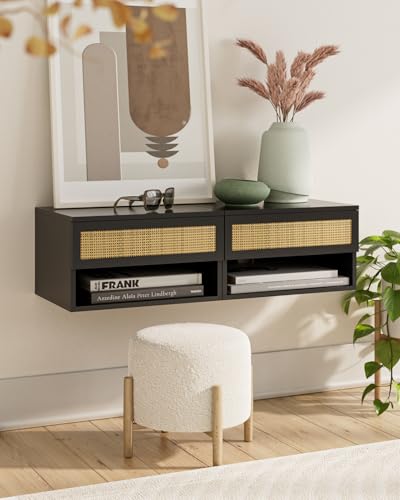 Floating Nightstand With Drawer - Small Modern Shelves for Bedroom, Bathroom (Black Rattan) - color: Black Rattan