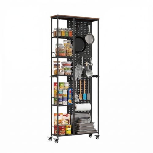 Slim Rolling Storage Cart, 8.3 Inch Narrow Storage Cart with Wheels, Pegboard & 5 Tier Shelves, Mobile Slim Storage Rack Next to Fridge for Kitchen, Laundry, Black - color: Black
