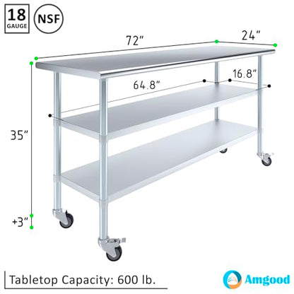 AmGood Stainless Steel Work Table with 2 Shelves and Casters | Metal Utility Table On Wheels (Stainless Steel Work Table with 2 Shelves + Casters, 72" Long x 24" Deep) - size: 72" Long x 24" Deep